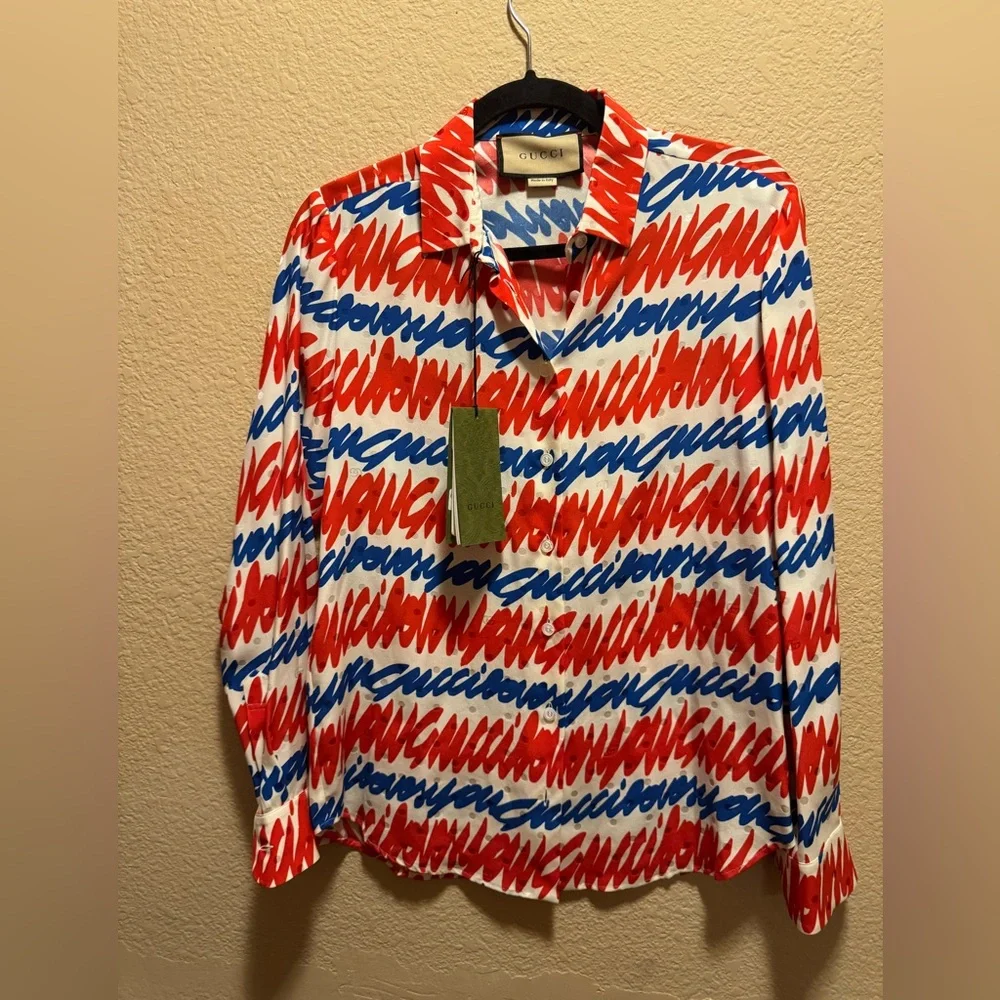 New Authentic Gucci GG Logo Silk Button Shirt and Bikini Top Size 40 / US M - Picture 2 of 13